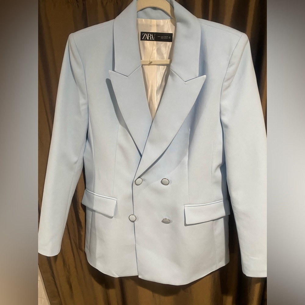 Zara Women's Sky Blue Double-Breasted Blazer/ Size Large